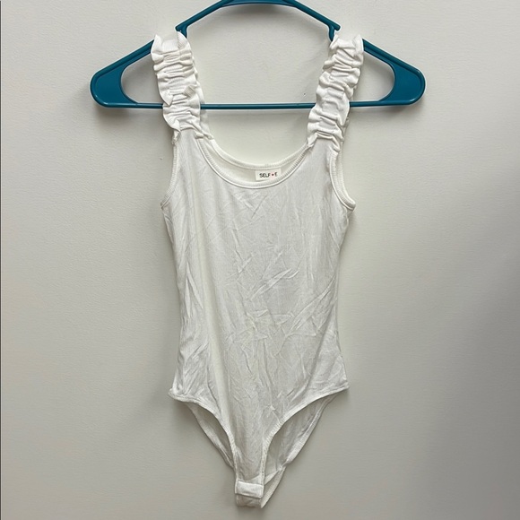Self Esteem White Bodysuit with Ruched Scoop Neckline - Picture 1 of 7